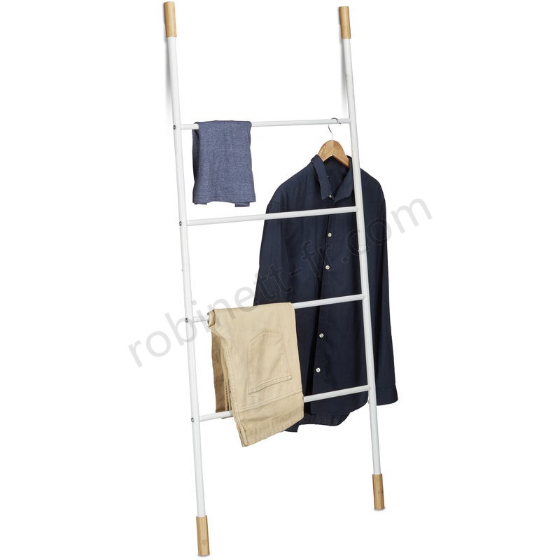 Ventes Porte-serviettes échelle blanc Portant escalier Valet vêtements 4 barres bambou métal HxlxP: 150x70x2cm, blanc - -0
