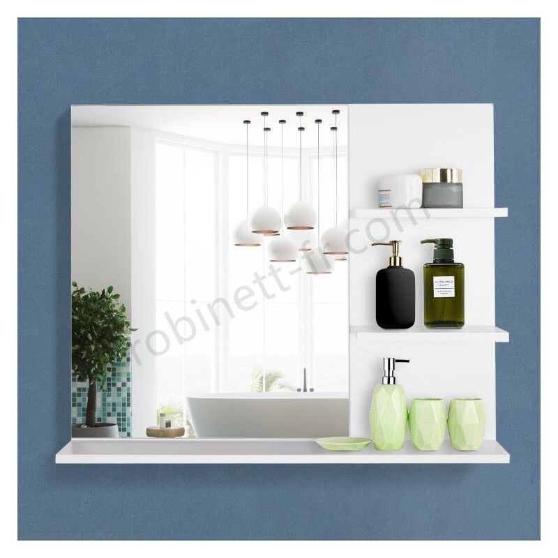Ventes Miroir de salle de bain avec étagères - 2 étagères latérales + grande étagère inférieure - kit installation fourni - MDF blanc - -1