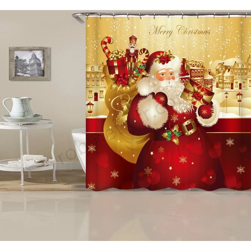 Ventes Rideau de douche à la maison de bain imperméable à l'eau de décoration de Noël du père Noël rouge + crochets 71 \ Rideau de douche - -1