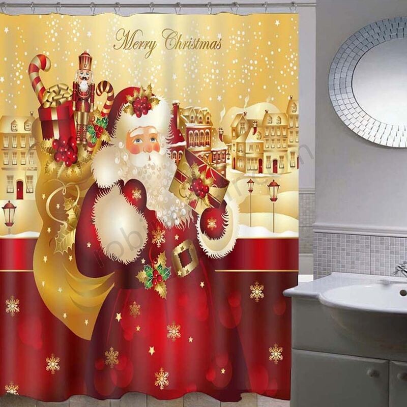 Ventes Rideau de douche à la maison de bain imperméable à l'eau de décoration de Noël du père Noël rouge + crochets 71 \ Rideau de douche - -4