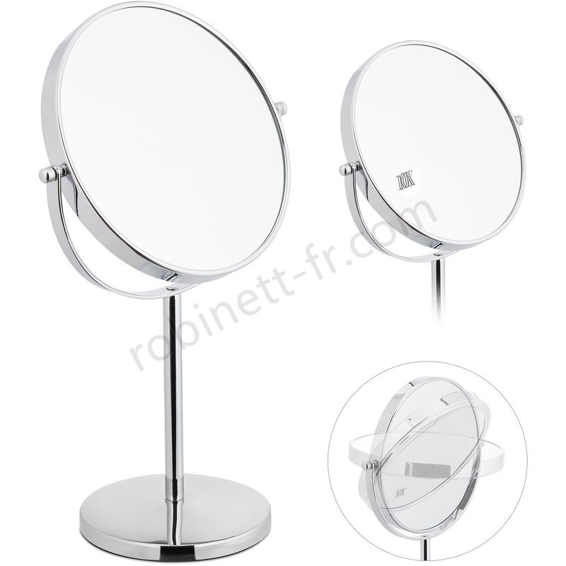 Ventes Miroir à maquillage, sur 2 côtés avec un grossissement x10, autonome, rond, HLP: 38x23x13,5 cm, argenté - -0