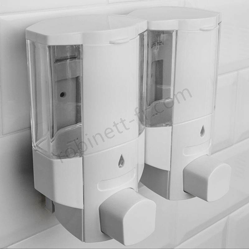 Boutique en ligne PrimeMatik - Distributeur transparent de savon de douche pour mur. 2 x réservoirs remplissable - -3