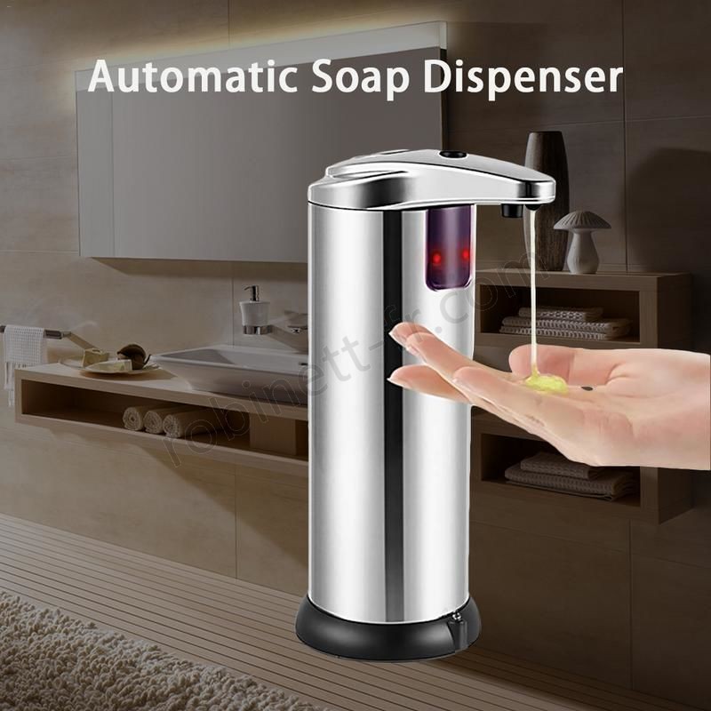 Boutique en ligne Distributeur de savon, distributeur de savon automatique sans contact, détecteur de mouvement infrarouge Plat en acier inoxydable Distributeur de savon à main automatique mains libres liquide, base étanche améliorée - -1