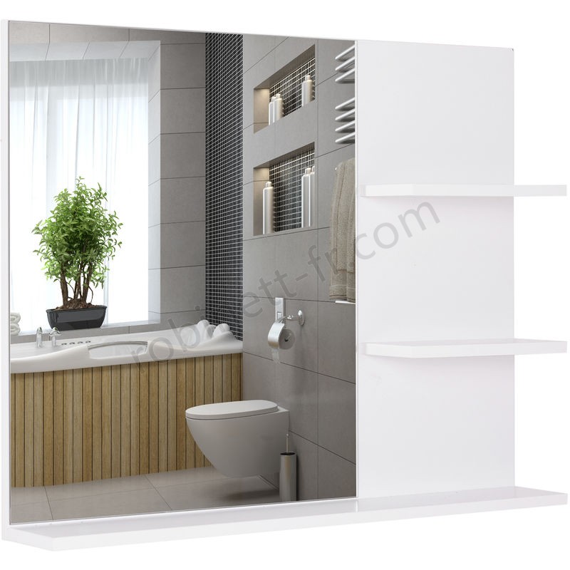 Ventes Miroir de salle de bain avec étagères - 2 étagères latérales + grande étagère inférieure - kit installation fourni - MDF blanc - Ventes Miroir de salle de bain avec étagères - 2 étagères latérales + grande étagère inférieure - kit installation fourni - MDF blanc